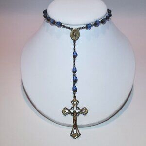 Vintage Rosary Blue Glass Bead Necklace Cross Pendant Christian Catholic